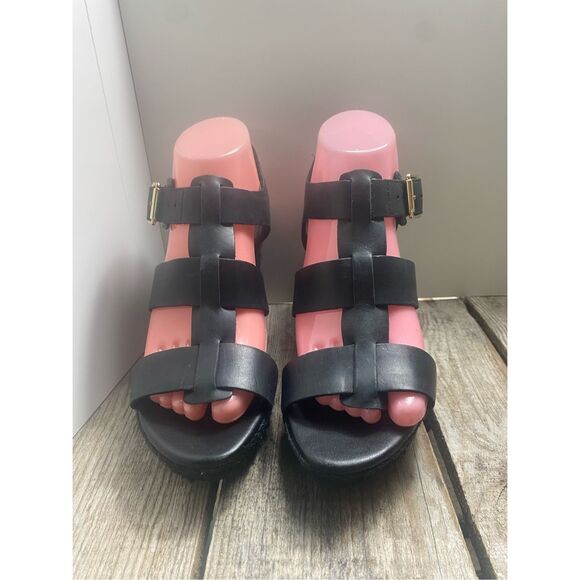 Clarks Black Leather Wedge Sandals Women’s Size 8 Strappy Espadrille Platform Sh - Picture 2 of 7
